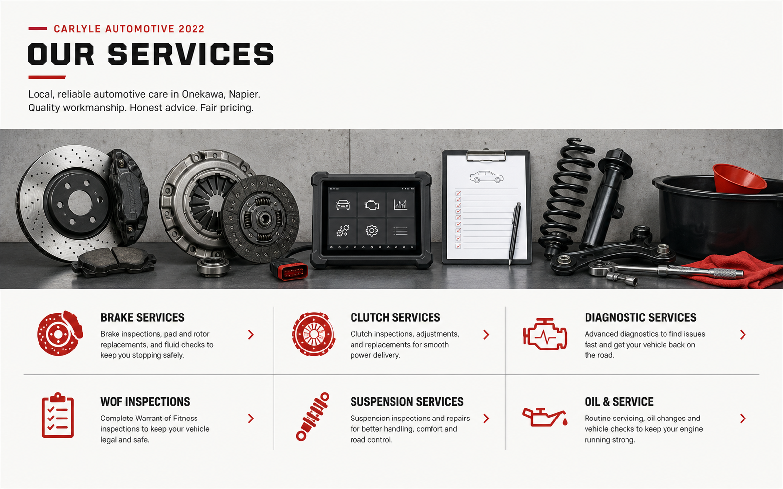 Generated placeholder section reference showing brake, clutch, diagnostic, WOF, suspension, and oil service tools.
